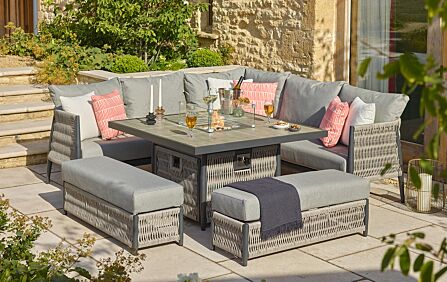 Bramblecrest Garden Furniture - Mauritius Grey Corner Sofa with Square Firepit Table & 2 Benches Bramblecrest Garden Furniture - Mauritius Grey Corner Sofa with Square Firepit Table & 2 Benches
