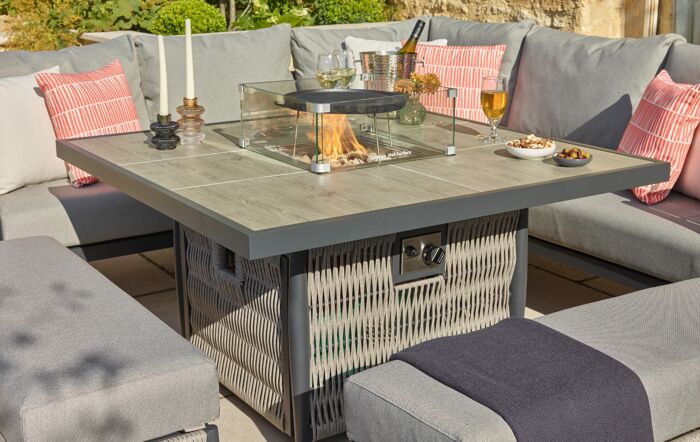 Bramblecrest Garden Furniture - Mauritius Grey Corner Sofa with Square Firepit Table & 2 Benches Bramblecrest Garden Furniture - Mauritius Grey Corner Sofa with Square Firepit Table & 2 Benches